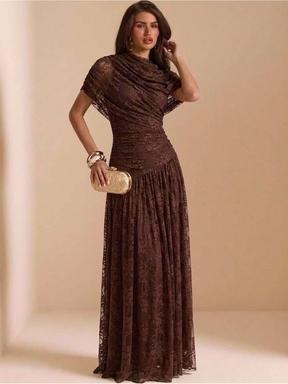 Brown Lace Draped Evening Gown